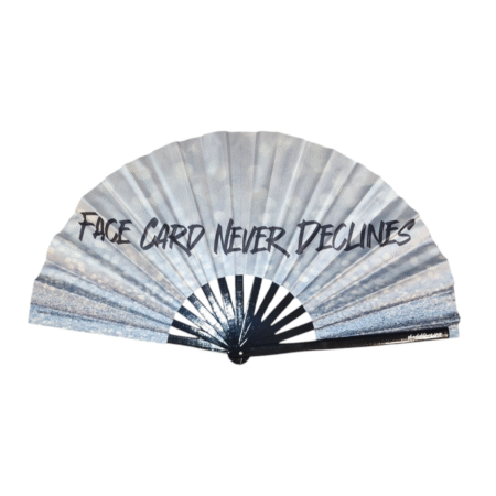 Face Card Never Declines Clack Fan by Shady B Fans – large satin and bamboo fan with bold statement design