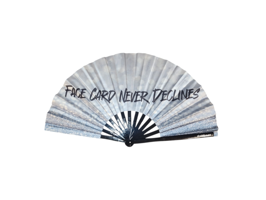 Face Card Never Declines Clack Fan by Shady B Fans – large satin and bamboo fan with bold statement design
