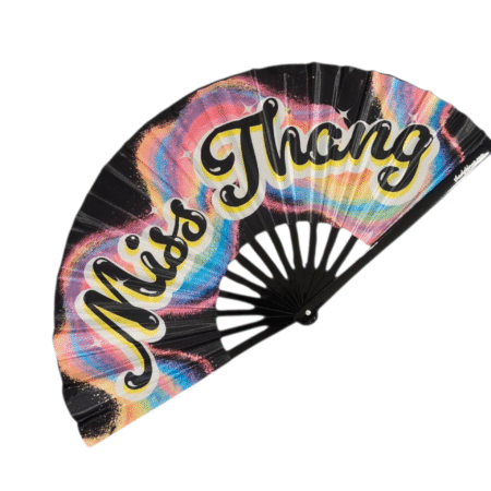Miss Thang The Boy Is Mine Brandy and Monica Tour Clack Fan by Shady B Fans – large satin fan with bamboo ribs and bold R&B-inspired design