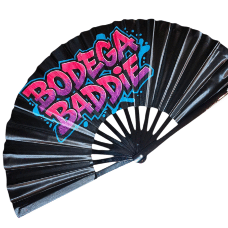 Cardi B Inspired Bodega Baddie Clack Fan with satin fabric and bamboo ribs by Shady B Fans – bold Bronx style concert fan for music lovers