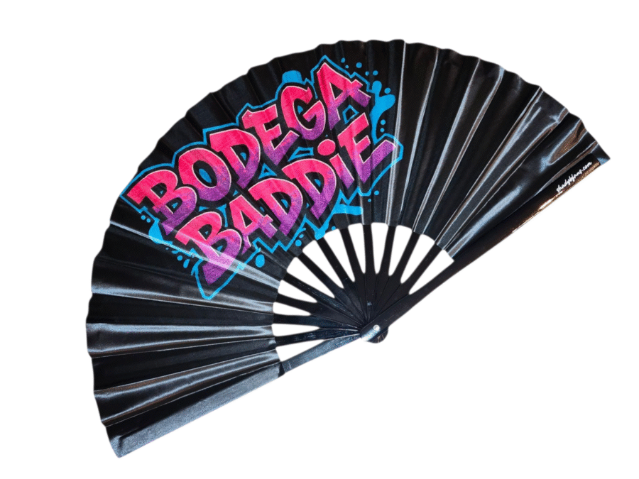 Cardi B Inspired Bodega Baddie Clack Fan with satin fabric and bamboo ribs by Shady B Fans – bold Bronx style concert fan for music lovers