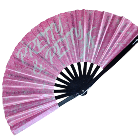 Cardi B Inspired Pretty & Petty AF Clack Fan by Shady B Fans – large satin and bamboo fan with bold pink design and Bronx-inspired attitude