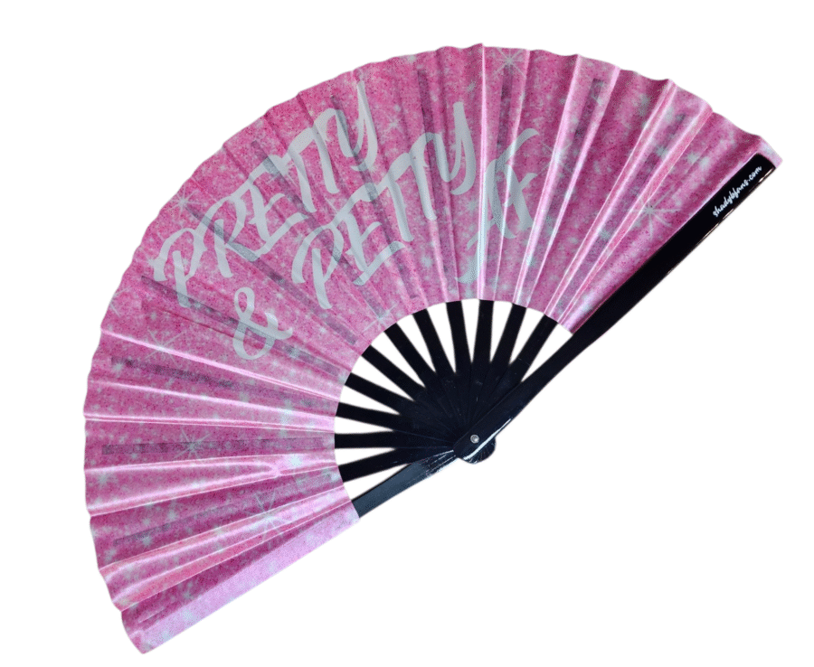 Cardi B Inspired Pretty & Petty AF Clack Fan by Shady B Fans – large satin and bamboo fan with bold pink design and Bronx-inspired attitude
