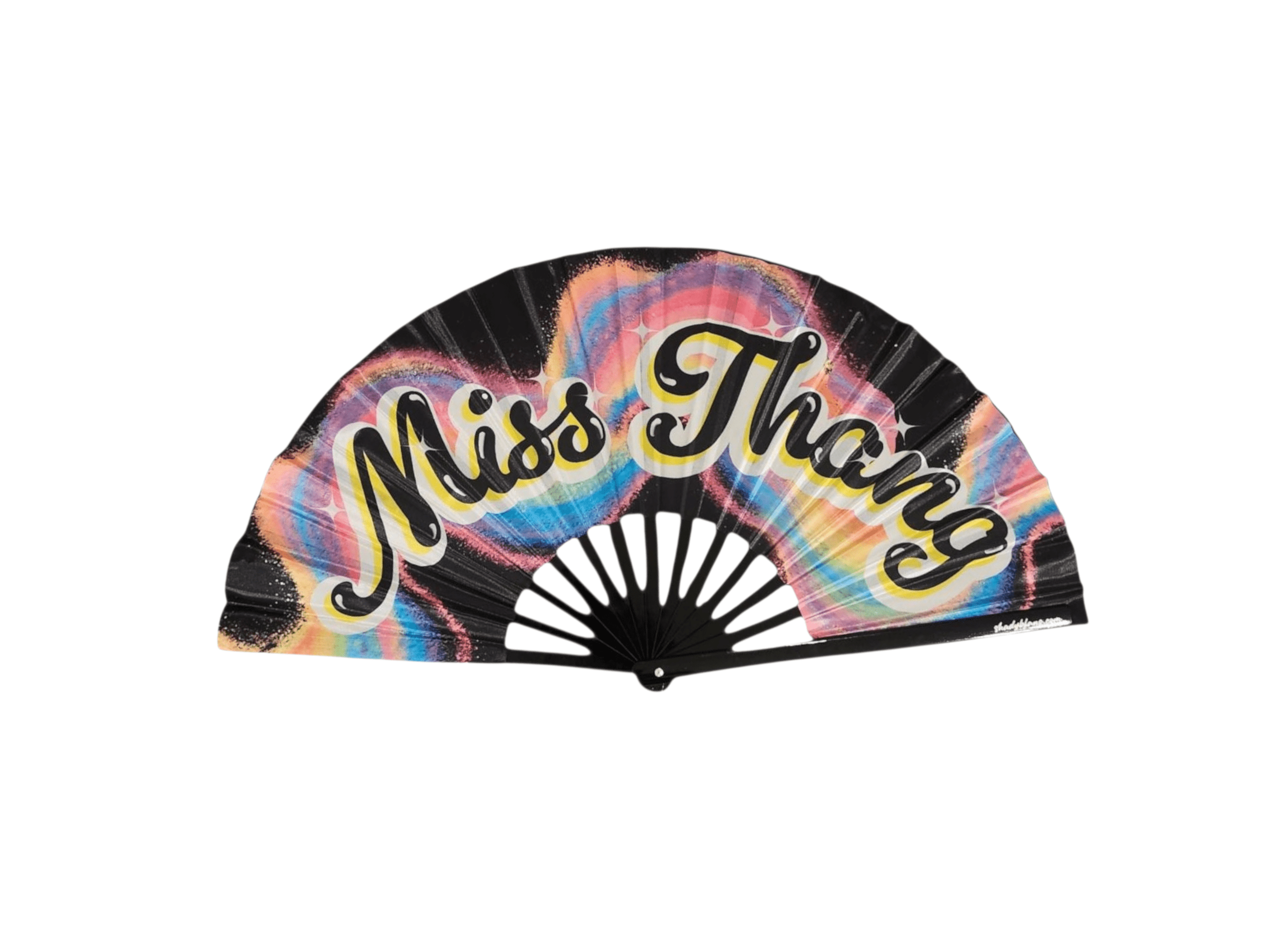 Miss Thang The Boy Is Mine Brandy and Monica Tour Clack Fan by Shady B Fans – large satin fan with bamboo ribs and bold R&B-inspired design Caption: Miss Thang “The Boy Is Mine” Tour Clack