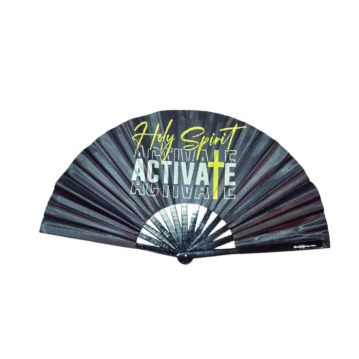 Holy Spirit Activate church clack fan with bamboo ribs and satin-like fabric by Shady B Fans.