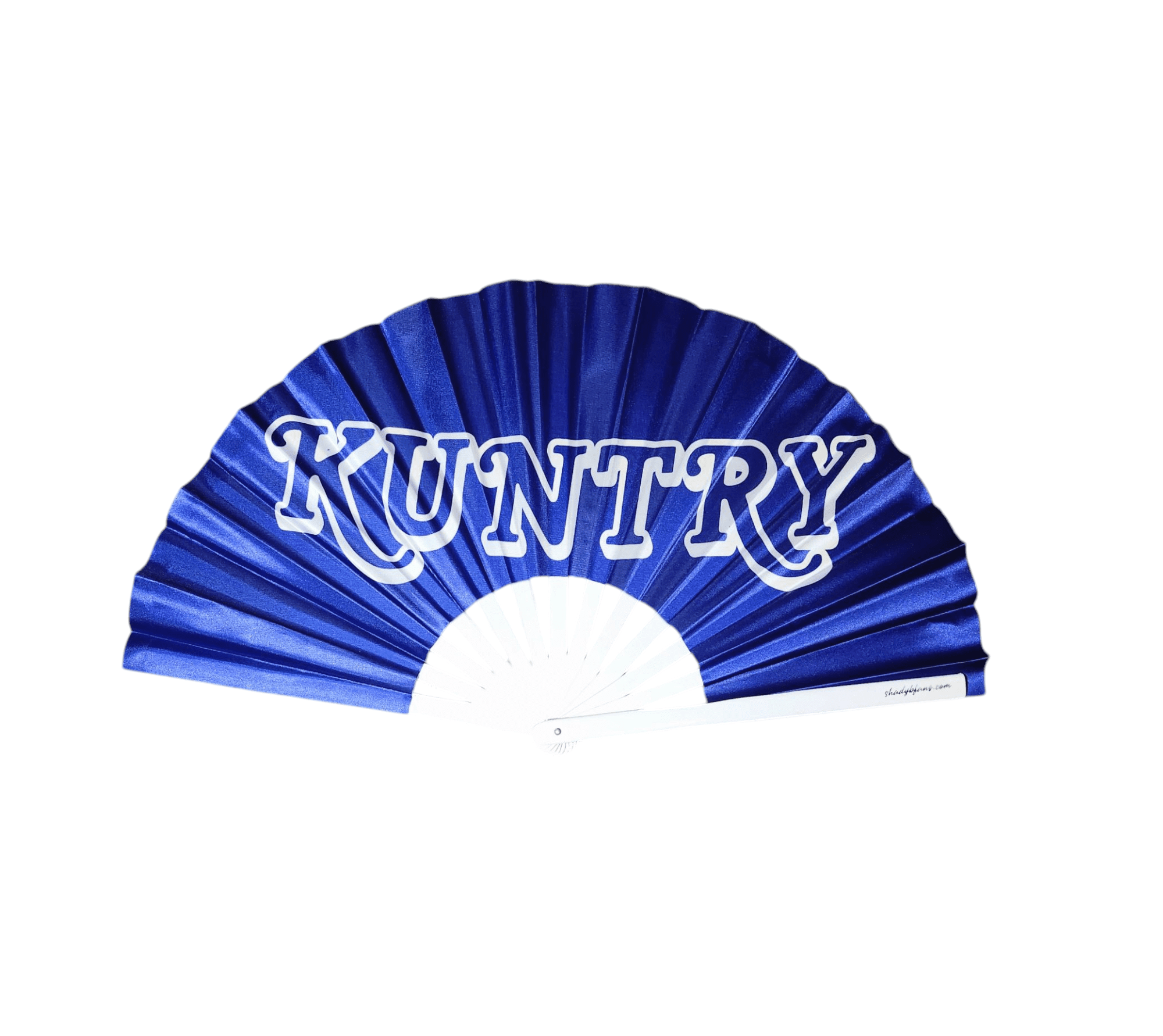 Bold Kuntry Clack Fan by Shady B Fans in cowboy-inspired western theme, featuring vibrant design on satin-like fabric with sturdy bamboo ribs, fully open at 25 inches wide