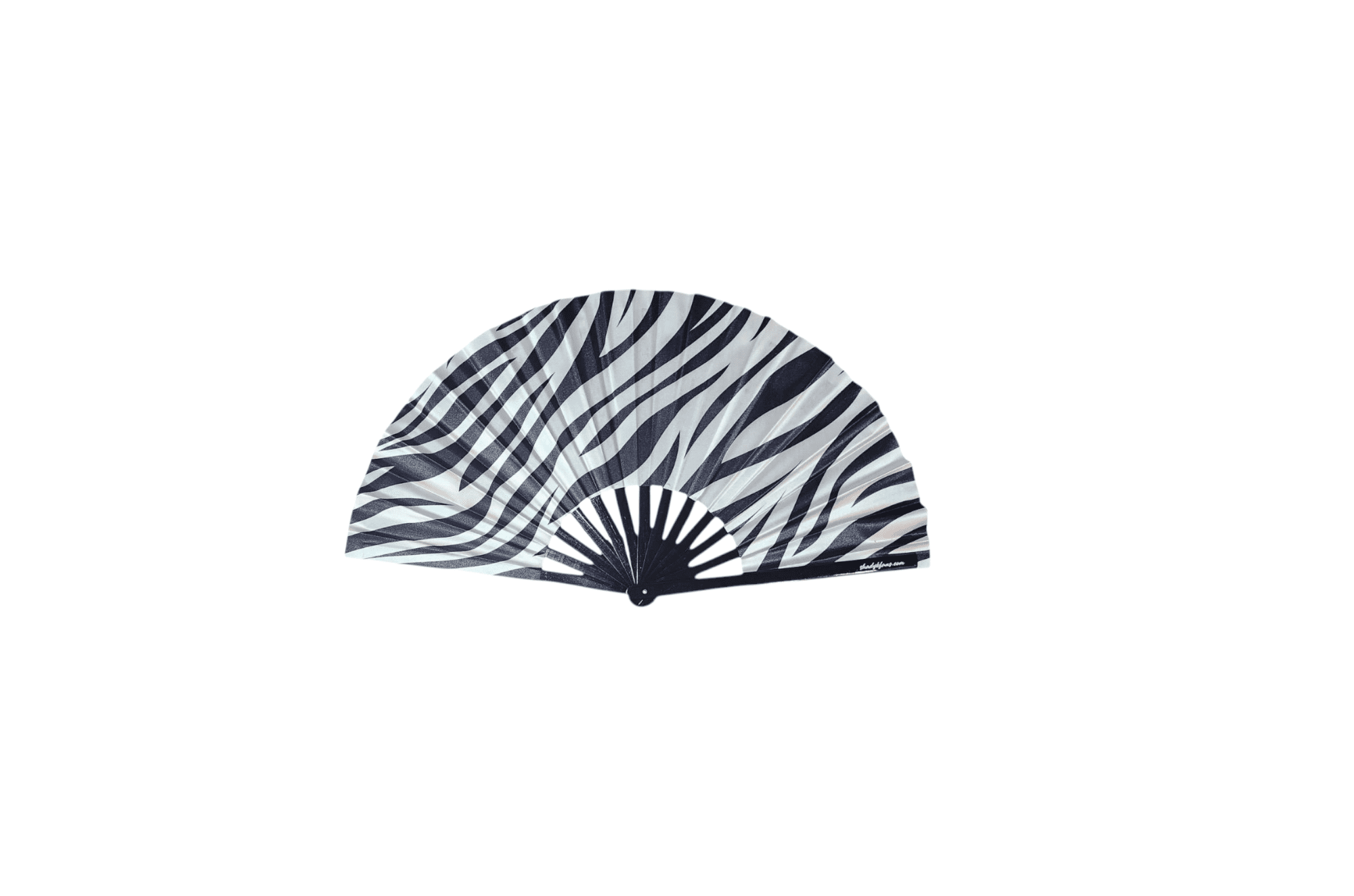 Zebra Print Clack Fan by Shady B Fans – oversized 25 inch hand fan with black and white zebra animal print, bamboo ribs, and satin fabric