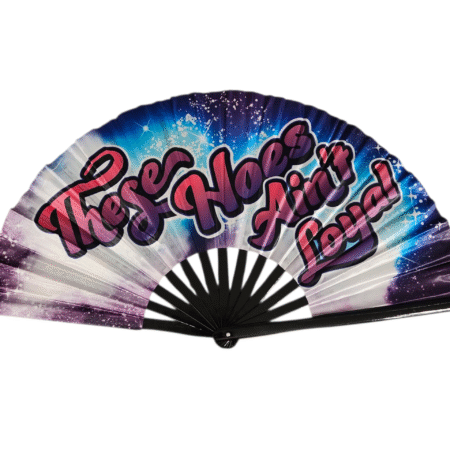 Large “These Hoes Ain’t Loyal” Clack Fan for Chris Brown Breezy Bowl Tour with bold satin-like fabric and bamboo ribs by Shady B Fans