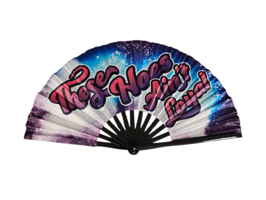 Large “These Hoes Ain’t Loyal” Clack Fan for Chris Brown Breezy Bowl Tour with bold satin-like fabric and bamboo ribs by Shady B Fans
