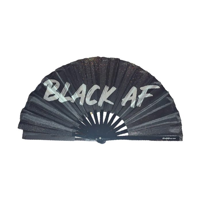 Black AF statement clack fan with bamboo ribs and satin-like fabric by Shady B Fans.