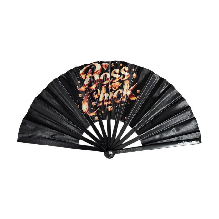 Boss Chick clack fan by Shady B Fans, bold oversized statement fan with bamboo ribs and satin-like fabric