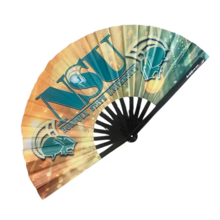 Large Norfolk State University Clack Fan with green and gold satin-like fabric and bamboo ribs by Shady B Fans
