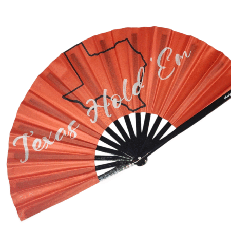 Large Texas Hold ’Em Clack Fan with card-inspired poker design on satin-like fabric and bamboo ribs by Shady B Fans