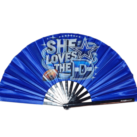 Large Dallas Cowboys “She Loves the D” Clack Fan with blue, silver, and white satin-like fabric and bamboo ribs by Shady B Fans