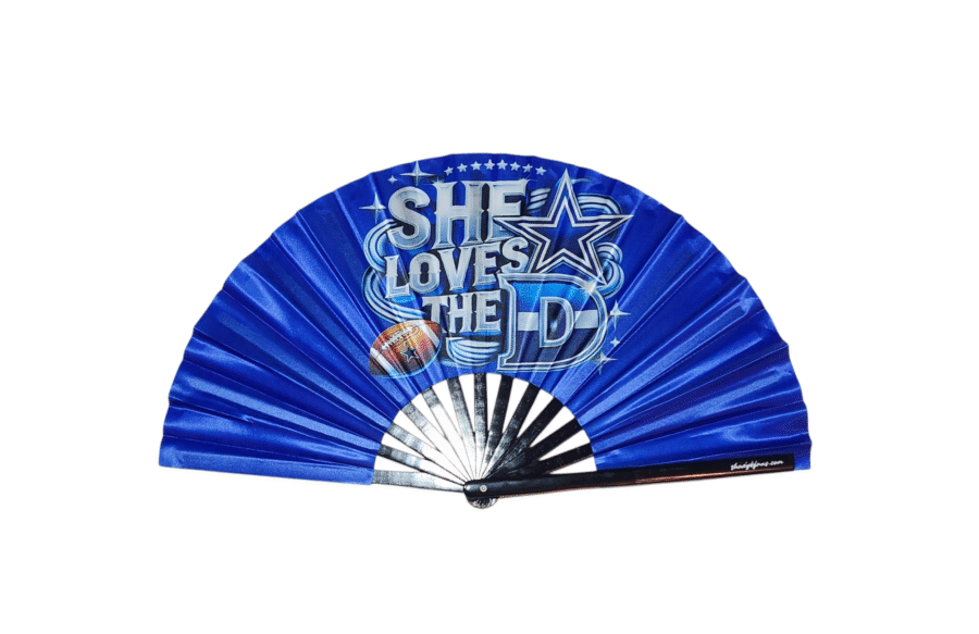 Large Dallas Cowboys “She Loves the D” Clack Fan with blue, silver, and white satin-like fabric and bamboo ribs by Shady B Fans