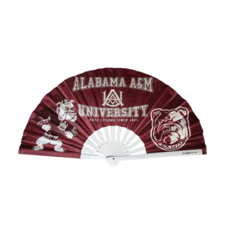 Large Alabama A&M University Clack Fan with maroon and white satin-like fabric and bamboo ribs by Shady B Fans