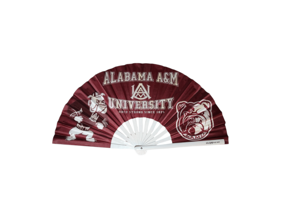 Large Alabama A&M University Clack Fan with maroon and white satin-like fabric and bamboo ribs by Shady B Fans