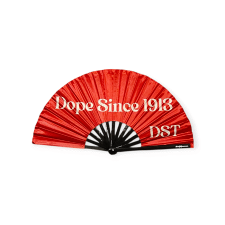 Delta Sigma Theta clack fan reading “Dope Since 1913” in crimson red, 25-inch wide fan by Shady B Fans, certified Delta Sigma Theta vendor