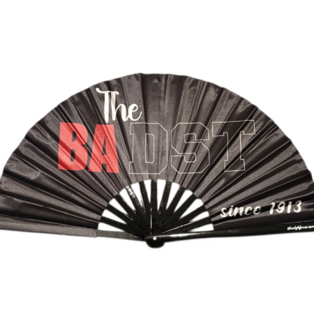 Delta Sigma Theta Clack Fan featuring “The Baddest” design in red and white, 25-inch wide clack fan by Shady B Fans, certified Delta Sigma Theta vendor