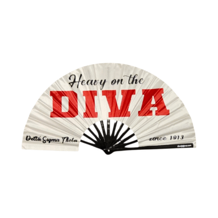 Delta Sigma Theta clack fan reading “Heavy on the Diva” in red and cream, 25-inch wide fan by Shady B Fans, certified Delta Sigma Theta vendor