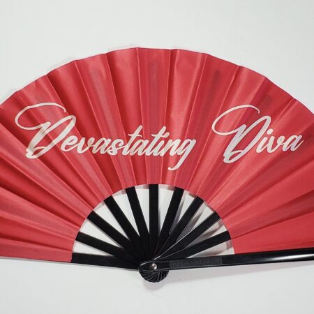 Delta Sigma Theta clack fan reading “Devastating Diva” in white script on crimson red, 25-inch wide fan by Shady B Fans, certified Delta Sigma Theta vendor