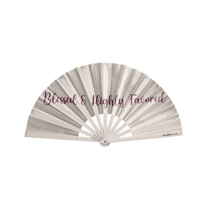 Blessed & Highly Favored church clack fan with bamboo ribs and satin-like material by Shady B Fans.