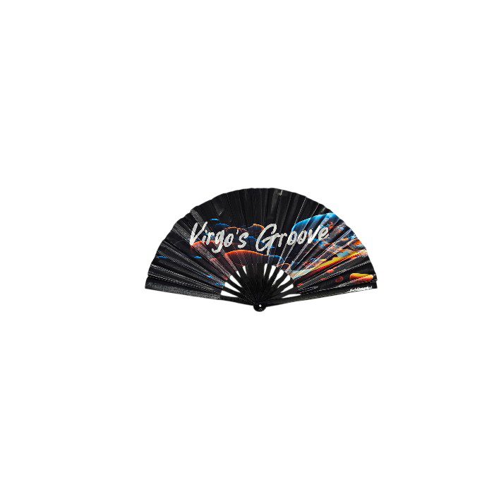 Virgo’s Groove zodiac clack fan by Shady B Fans with colorful design on black satin fabric