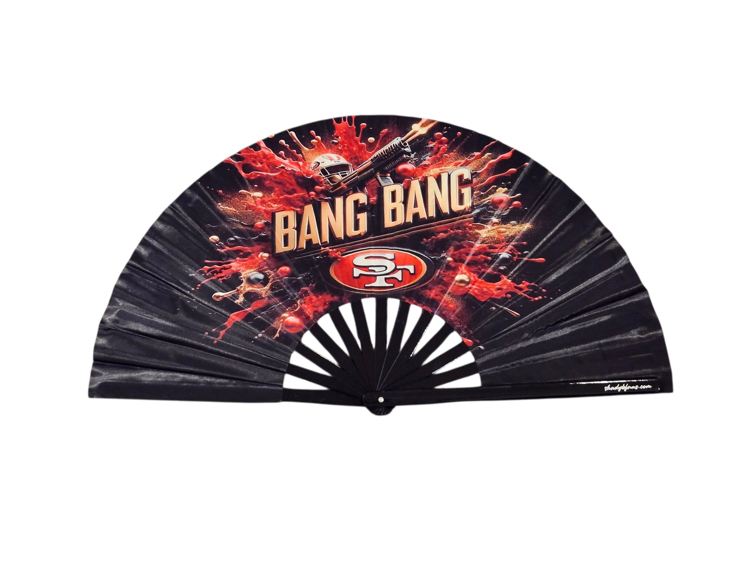 Bang Bang San Francisco football clack fan featuring red and black game day artwork and premium bamboo construction by Shady B Fans.