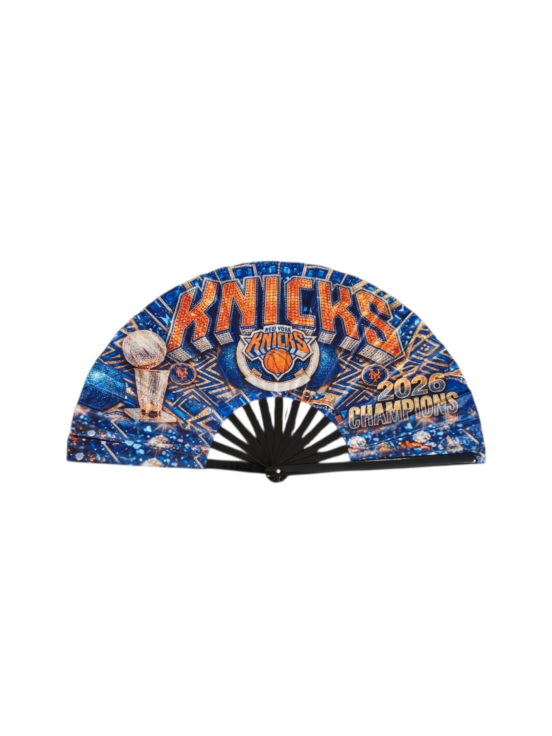 New York Knicks 2026 Champions premium blue and orange bamboo clack fan by Shady B Fans.