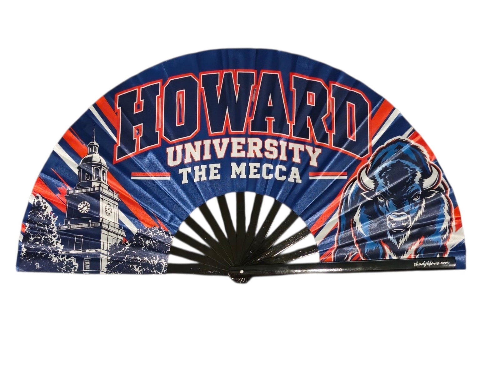 Howard University Homecoming Fan featuring The Mecca lettering, Bison mascot and blue and red design